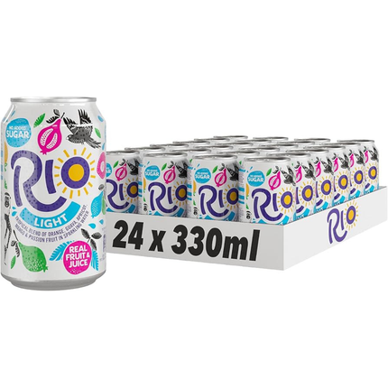 Rio Light wholesale case containing 24 x 330ml cans of tropical fruit-flavoured soft drink.
