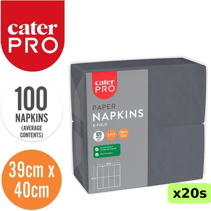 CaterPro black 2-ply 8-fold paper napkins, wholesale case of 20 packs containing 100 napkins each