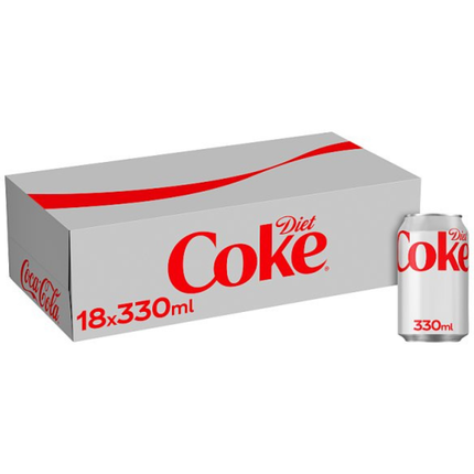 Diet Coke wholesale case containing 18 x 330ml cans of sugar-free sparkling cola.