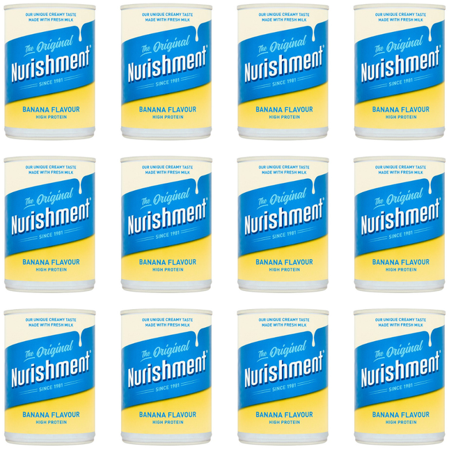 Nurishment The Original Banana Flavour fortified milk drink wholesale case containing 12 x 400g cans.