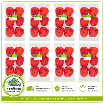 Farm Fresh Large Red Peppers wholesale case containing 8 packs of 6 fresh red peppers, 48 peppers total