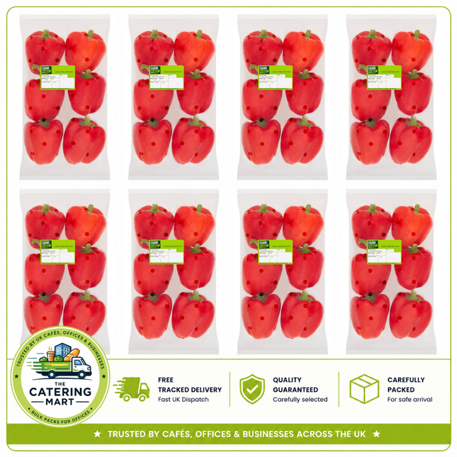 Farm Fresh Large Red Peppers wholesale case containing 8 packs of 6 fresh red peppers, 48 peppers total