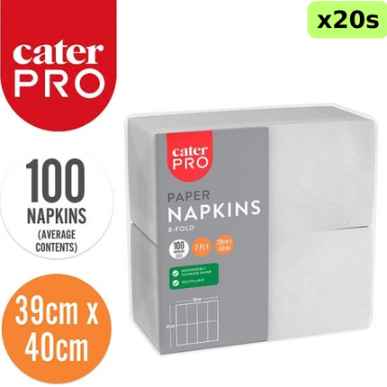 CaterPro white 2-ply 8-fold paper napkins, wholesale case of 20 packs containing 100 napkins each