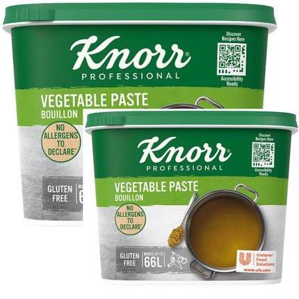 Knorr Professional Gluten Free Vegetable Paste Bouillon wholesale case containing 2 x 1kg packs for vegetable stocks, soups, sauces, gravies and savoury dishes in professional kitchens