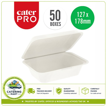 CaterPro 50 Bagasse Food Boxes with Hinged Lids 7 x 5 inch 127 x 178mm wholesale pack