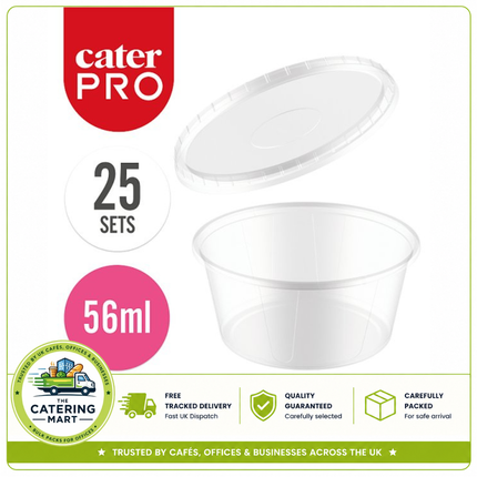 CaterPro 25 plastic PP sauce pots with lids 56ml for wholesale takeaway and catering food packaging