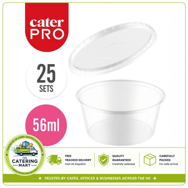 CaterPro 25 plastic PP sauce pots with lids 56ml for wholesale takeaway and catering food packaging