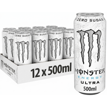 Monster Energy Ultra Zero Sugar wholesale case containing 12 x 500ml energy drink cans.
