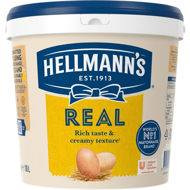 Hellmann's Real Mayonnaise 10 litre catering container for bulk wholesale foodservice and professional kitchens.