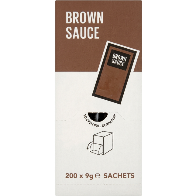 Brown Sauce Sachets wholesale catering pack containing 200 individual 9g portions.