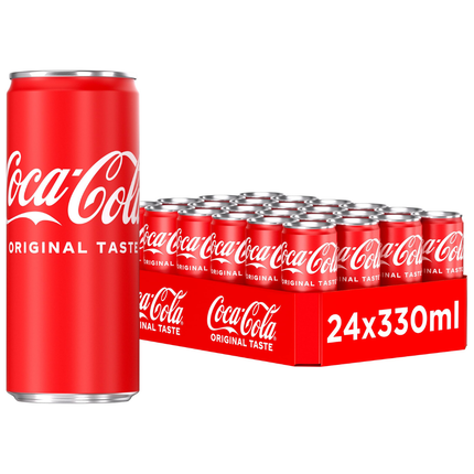Coca-Cola Original Taste sparkling cola soft drink wholesale case containing 24 x 330ml cans.