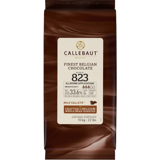 Callebaut Recipe 823 Belgian milk chocolate callets 10kg bag for professional baking and chocolate preparation.