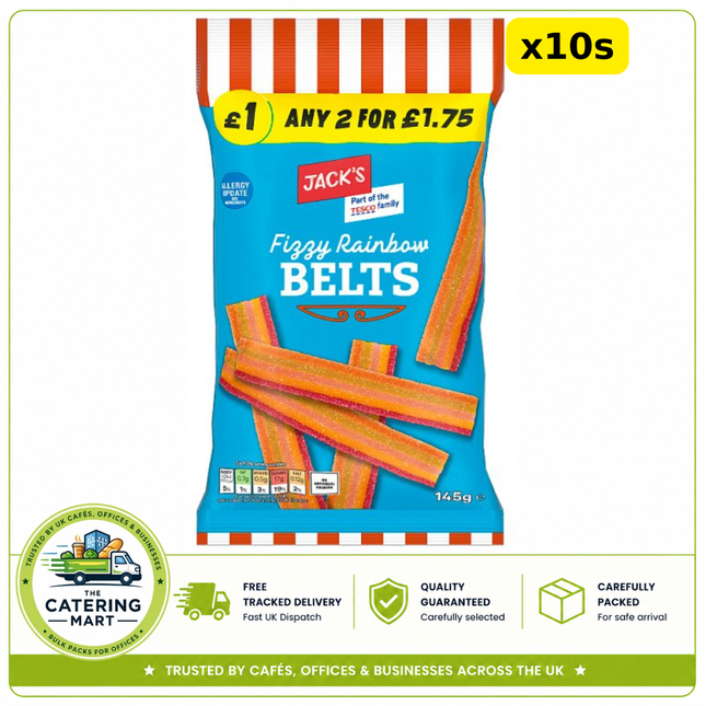 Jack's Fizzy Rainbow Belts 10 x 145g wholesale case of colourful fizzy rainbow belt sweets