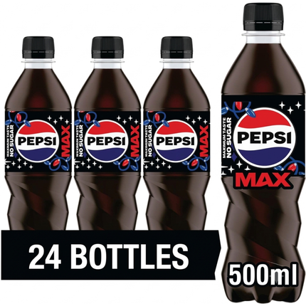 Pepsi Max No Sugar sparkling cola in a wholesale case of 24 x 500ml PET bottles.