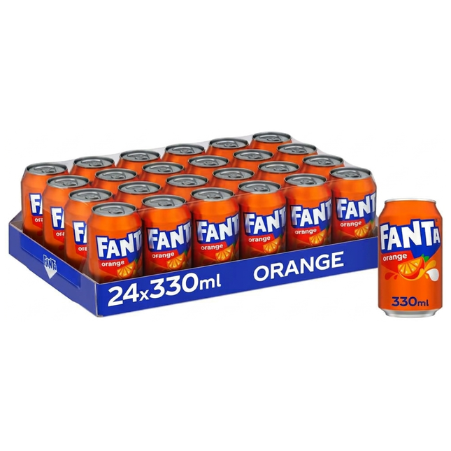 Fanta Orange sparkling orange-flavoured soft drink in a wholesale case of 24 x 330ml cans.