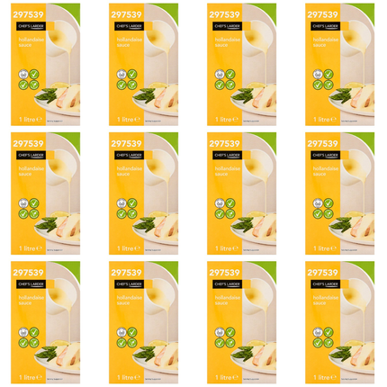 Chef's Larder Hollandaise Sauce wholesale case containing 12 x 1 litre packs of ready-to-use creamy hollandaise sauce for eggs Benedict, brunch, fish and vegetables