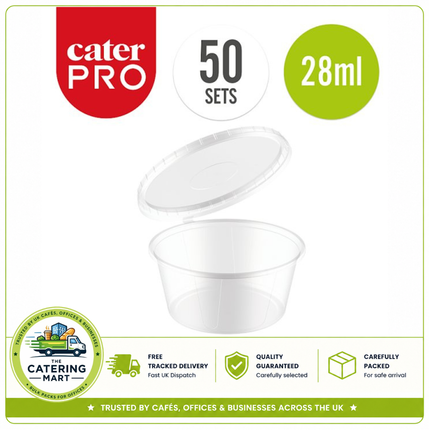 CaterPro 50 plastic PP sauce pots with hinged lids 28ml for wholesale takeaway food packaging