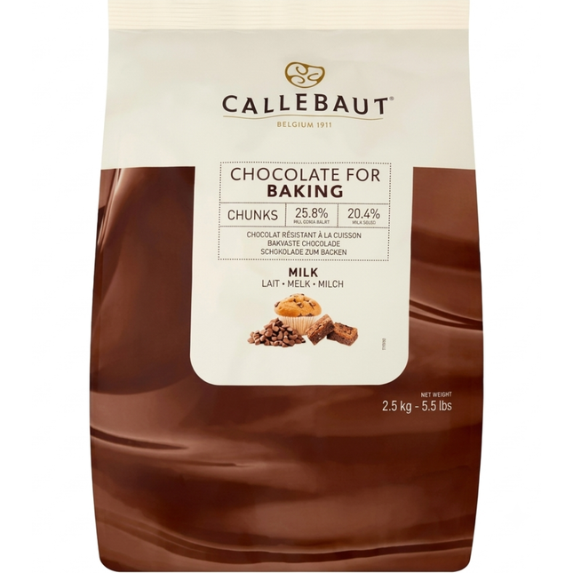 Callebaut milk chocolate baking chunks 2.5kg bag for cookies, cakes, muffins and professional bakery use.