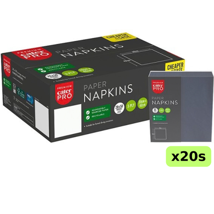 CaterPro Premium black 3-ply paper napkins, wholesale case of 20 packs containing 50 napkins each