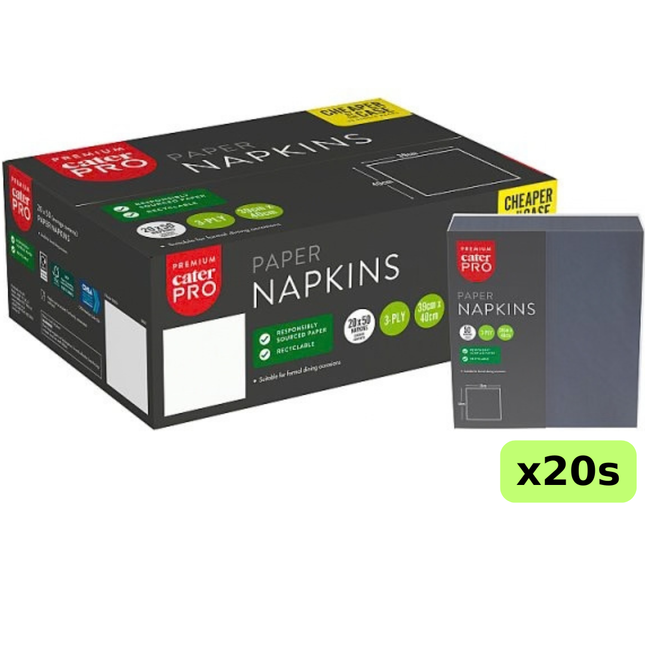 CaterPro Premium black 3-ply paper napkins, wholesale case of 20 packs containing 50 napkins each