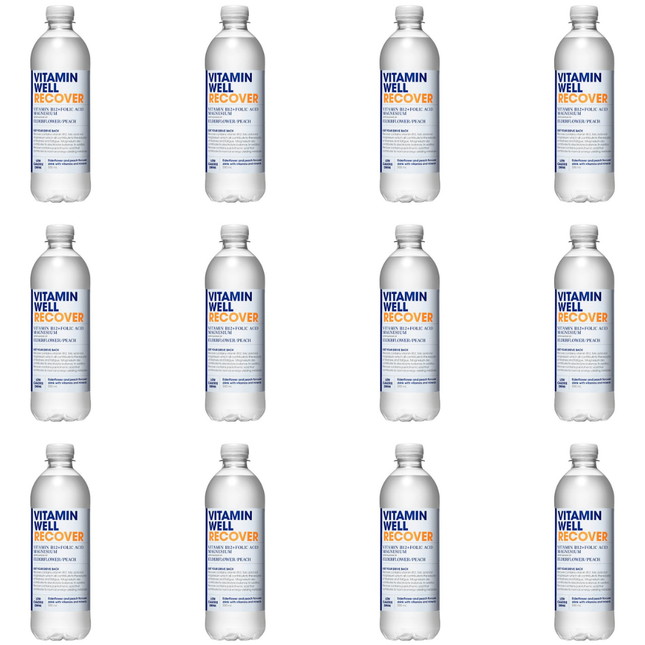 Vitamin Well Recover Elderflower & Peach vitamin drink 500ml bottles, wholesale case of 12.