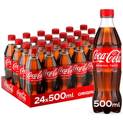 Coca-Cola Original Taste sparkling cola soft drink wholesale case containing 24 x 500ml bottles.