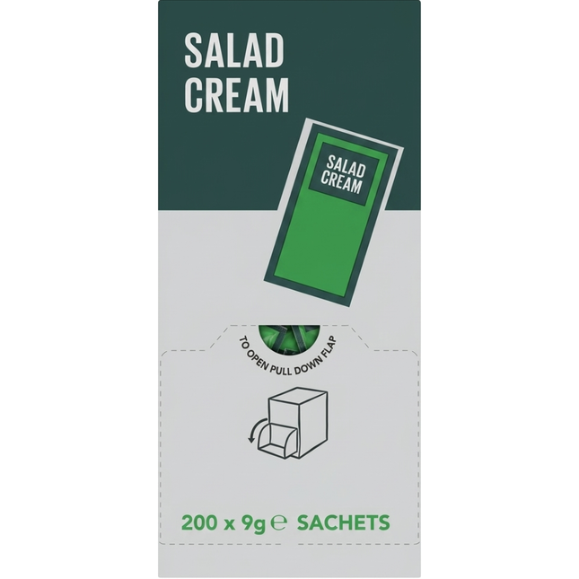 Salad Cream Dressing Sachets wholesale catering pack containing 200 individual 9g portions.