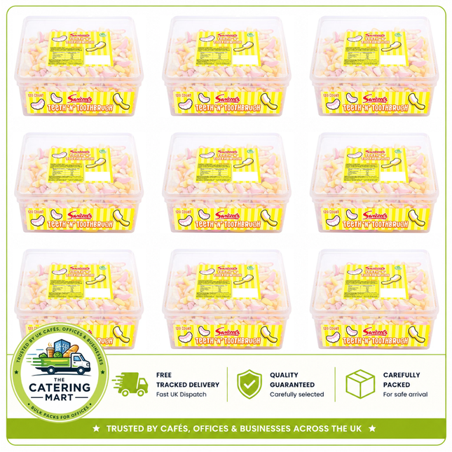 Swizzels Teeth 'n' Toothbrush wholesale case containing 9 x 120 count tubs of tooth and toothbrush shaped chewy sweets