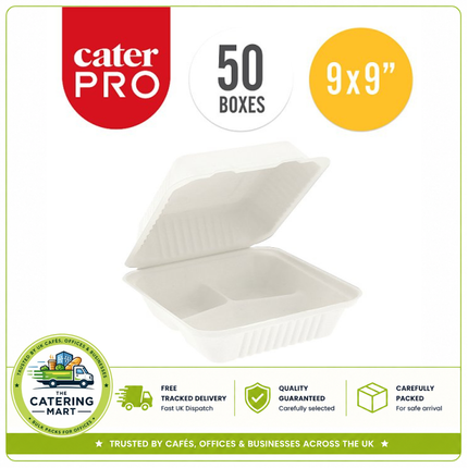 CaterPro 50 bagasse triple compartment food boxes with hinged lids for wholesale takeaway food packaging