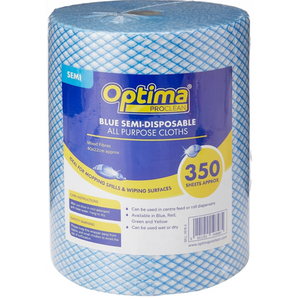 Optima Proclean blue semi-disposable all-purpose cleaning cloth roll with 350 sheets
