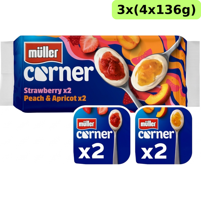 Müller Corner Strawberry and Peach Apricot Yogurts bulk multipack containing 12 x 136g individual yoghurt pots