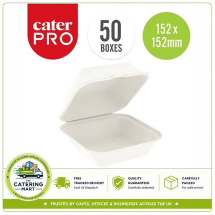 CaterPro 50 Bagasse Burger Boxes with Hinged Lids wholesale pack
