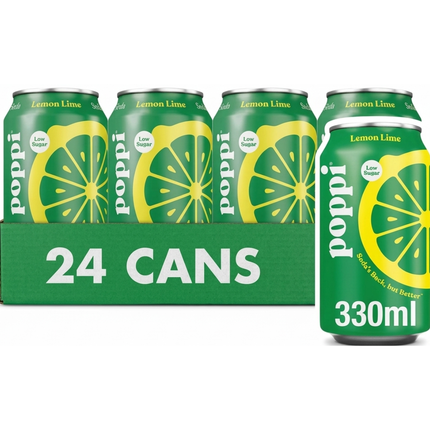 poppi Lemon Lime sparkling low-sugar soft drink in a wholesale case of 24 x 330ml cans.