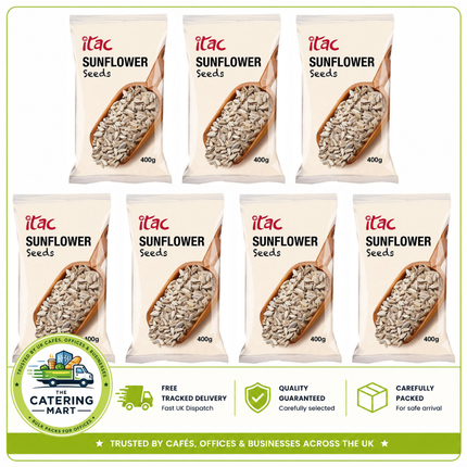 Itac Sunflower Seeds wholesale case containing 7 x 400g packs of edible sunflower seeds for baking, bread making, salads and catering