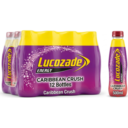 Lucozade Energy Caribbean Crush wholesale case containing 12 x 500ml bottles of tropical-inspired carbonated energy drink.