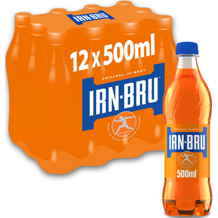 IRN-BRU Regular sparkling flavoured soft drink wholesale case containing 12 x 500ml plastic bottles.