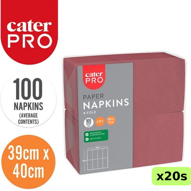 CaterPro burgundy 2-ply 8-fold paper napkins, 20 packs of 100, 39mm x 40mm, wholesale catering supplies