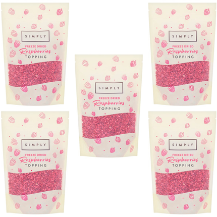 Simply Freeze Dried Raspberries Toppings wholesale case containing 4 x 150g packs of freeze-dried raspberry pieces for cakes, cupcakes, ice cream, cheesecakes and desserts