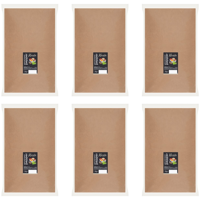 Kerala Ground Black Pepper wholesale case containing 6 x 2kg packs of ground black pepper