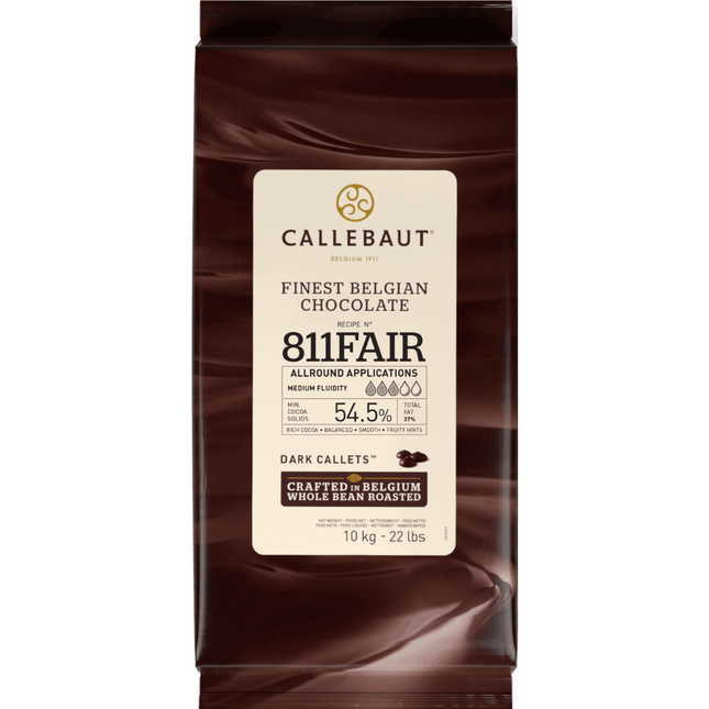 Callebaut Recipe 811 dark chocolate callets 10kg bag of Belgian couverture chocolate drops for professional baking.