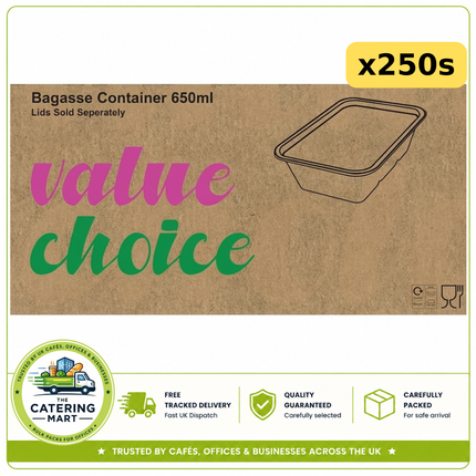250 x 650ml Value Choice bagasse street food containers for takeaway meals and wholesale catering