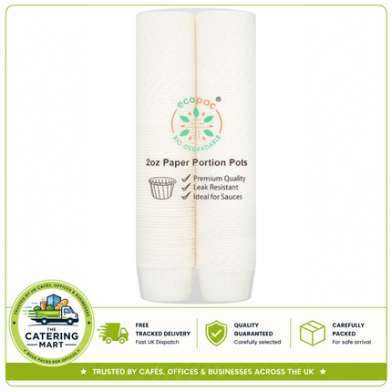 Ecopac 200 2oz paper portion pots for sauces, dips, dressings and takeaway food packaging