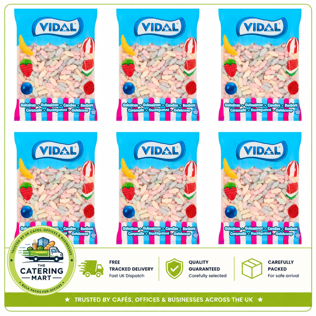 Vidal Mini Jelly Babies wholesale case containing 6 x 1kg bags of small soft and chewy assorted fruit flavour jelly sweets