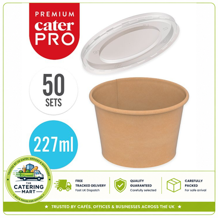 CaterPro Premium 50 kraft food pots with plastic PP lids 227ml for wholesale takeaway and catering packaging