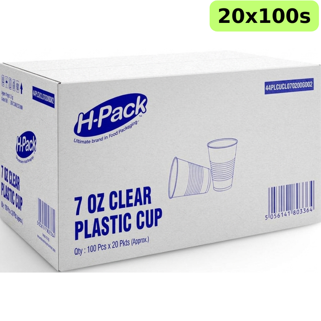 Wholesale case of 20 packs containing 100 clear 7oz plastic water cups per pack, providing 2,000 disposable drinking cups.