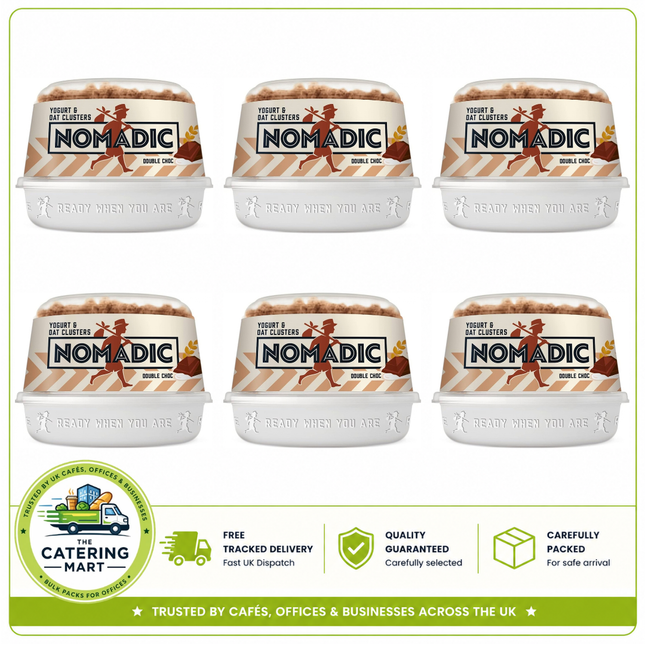 Nomadic Yogurt & Oat Clusters Double Choc wholesale case containing 6 x 169g chocolate yogurt pots