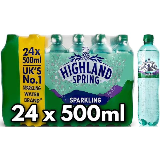 Highland Spring Sparkling Spring Water 500ml plastic bottles, wholesale case of 24.