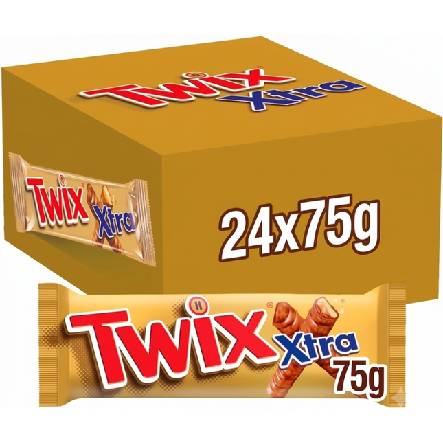 Twix Xtra Milk Chocolate Biscuit Twin Bars 75g, wholesale case of 24.