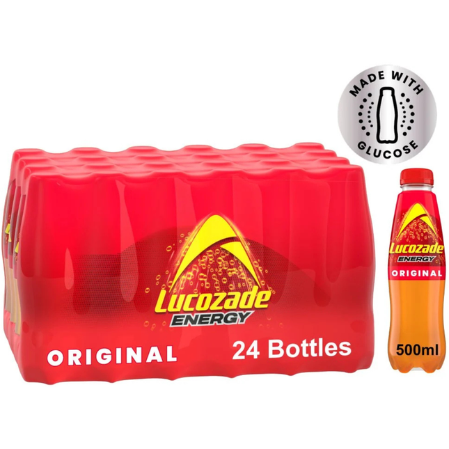 Lucozade Energy Original wholesale case of 24 x 500ml bottles of original-flavour energy drink.
