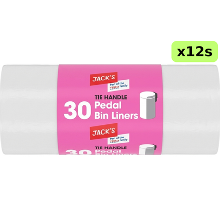 Jack's Tie Handle Pedal Bin Liners wholesale pack containing 12 rolls of 30 refuse bags